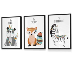 Set of 3 Framed Tribal Animal Quote Kids Wall Art / A3 (30x42cm) / Black Frames