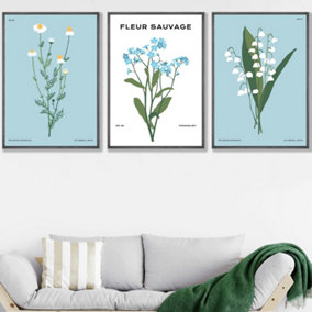 Set of 3 Framed Vintage Graphical Blue Spring Wild Flower Market / 50x70cm / Dark Grey
