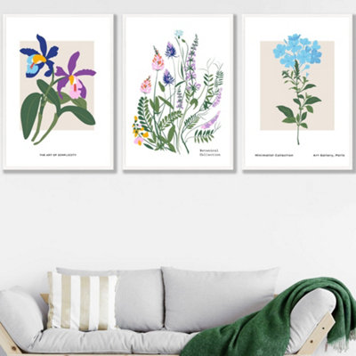 Set of 3 Framed Vintage Graphical Colourful Wild Flower Market / 50x70cm / White
