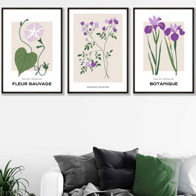 Set of 3 Framed Vintage Graphical Flower Market Purple Lilac / 50x70cm / Black