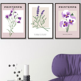 Set of 3 Framed Vintage Graphical Lilac Purple Spring Flower Market / 42x59cm (A2) / Black