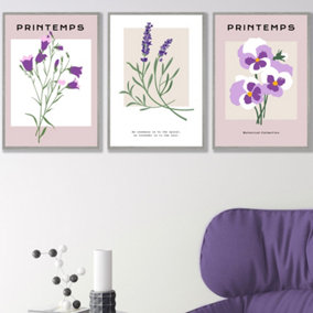 Set of 3 Framed Vintage Graphical Lilac Purple Spring Flower Market / 42x59cm (A2) / Light Grey
