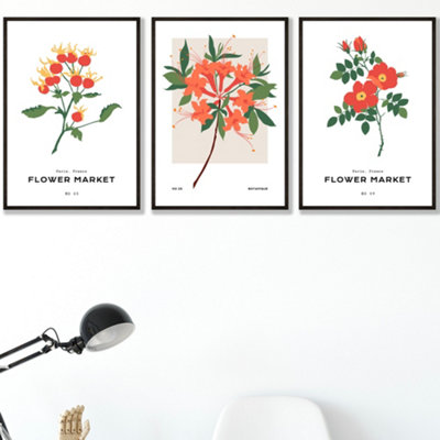 Set of 3 Framed Vintage Graphical Orange Flower Market / 30x42cm (A3) / Black