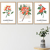 Set of 3 Framed Vintage Graphical Orange Flower Market / 42x59cm (A2) / Oak