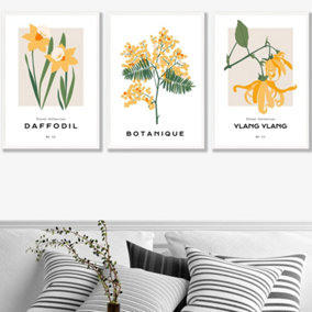 Set of 3 Framed Vintage Graphical Yellow Spring Flower Market / 50x70cm / White