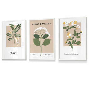 Set of 3 Framed Vintage Graphical Yellow Wild Flower Market / 30x42cm (A3) / White