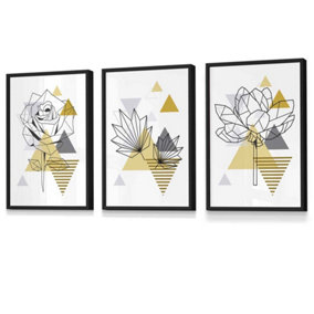 Set of 3 Framed Yellow and Grey Geometric Flowers Wall Art Prints / 30x42cm (A3) / Black Frame