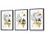 Set of 3 Framed Yellow and Grey Geometric Flowers Wall Art Prints / 30x42cm (A3) / Dark Grey Frame