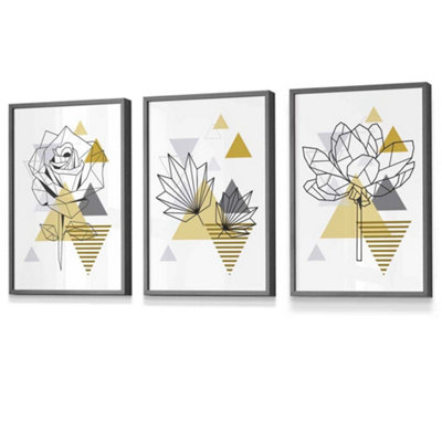 Set of 3 Framed Yellow and Grey Geometric Flowers Wall Art Prints / 30x42cm (A3) / Dark Grey Frame