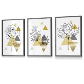 Set of 3 Framed Yellow and Grey Geometric Flowers Wall Art Prints / 30x42cm (A3) / Dark Grey Frame