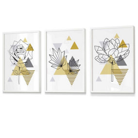 Set of 3 Framed Yellow and Grey Geometric Flowers Wall Art Prints / 30x42cm (A3) / White Frame