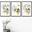 Set of 3 Framed Yellow and Grey Geometric Flowers Wall Art Prints / 42x59cm (A2) / Black Frame