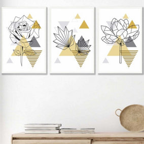 Set of 3 Framed Yellow and Grey Geometric Flowers Wall Art Prints / 42x59cm (A2) / White Frame