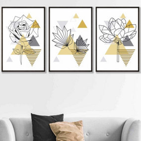Set of 3 Framed Yellow and Grey Geometric Flowers Wall Art Prints / 50x70cm / Black Frame