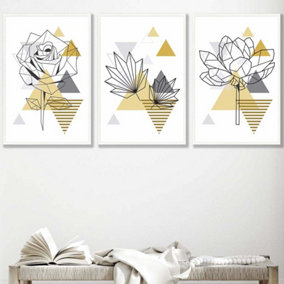 Set of 3 Framed Yellow and Grey Geometric Flowers Wall Art Prints / 50x70cm / White Frame
