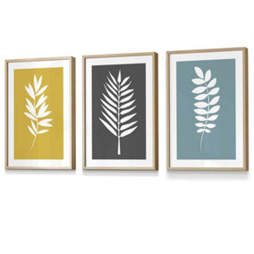 Set of 3 Framed Yellow, Grey, Blue Graphical Leaves Wall Art Prints / 30x42cm (A3) / Oak Frame