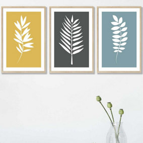 Set of 3 Framed Yellow, Grey, Blue Graphical Leaves Wall Art Prints / 42x59cm (A2) / Oak Frame