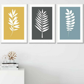 Set of 3 Framed Yellow, Grey, Blue Graphical Leaves Wall Art Prints / 42x59cm (A2) / White Frame