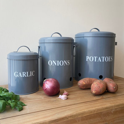 Set of 3 French Grey Kitchen Storage Tins for Potatoes, Onions and Garlic