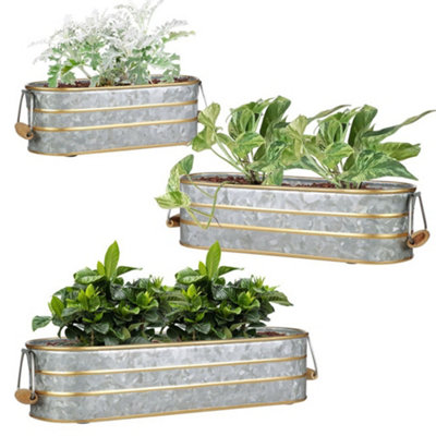 Set of 3 Galvanised Zinc & Gold Embossed Indoor Flower Pot Planters