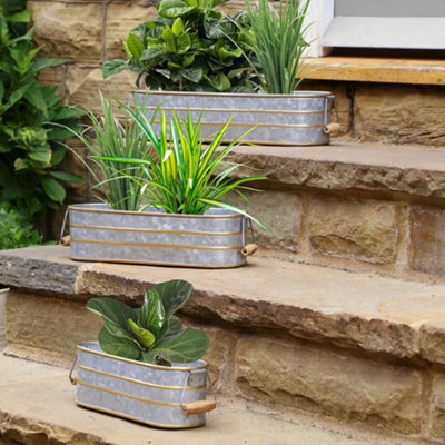 Set of 3 Galvanised Zinc & Gold Embossed Indoor Outdoor Garden Planters