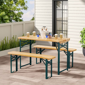Set of 3 Garden Patio Metal Wood Folding Table Bench Set Camping Outdoor Furniture Set