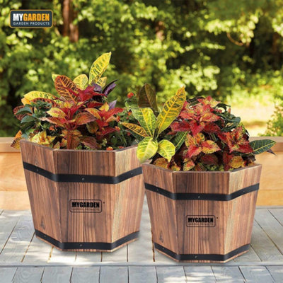 Set of 3 Rustic Wood Bucket Barrel Garden Planters 2024 Set w/ Drainage Hole