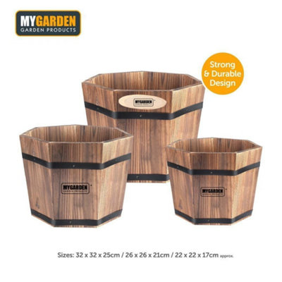 Set of 3 Rustic Wood Bucket Barrel Garden Planters on sale Set w/ Drainage Hole