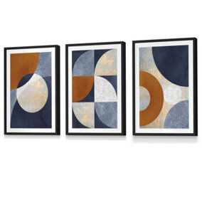 Set of 3 Geometric Abstract Textured Circles in Navy Blue Orange Gold Wall Art Prints / 30x42cm (A3) / Black Frame