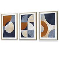Set of 3 Geometric Abstract Textured Circles in Navy Blue Orange Gold Wall Art Prints / 30x42cm (A3) / Gold Frame