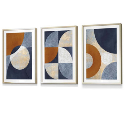 Set of 3 Geometric Abstract Textured Circles in Navy Blue Orange Gold ...