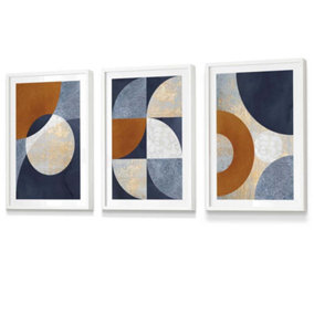 Set of 3 Geometric Abstract Textured Circles in Navy Blue Orange Gold Wall Art Prints / 30x42cm (A3) / White Frame