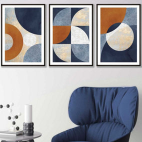 Set of 3 Geometric Abstract Textured Circles in Navy Blue Orange Gold Wall Art Prints / 42x59cm (A2) / Black Frame