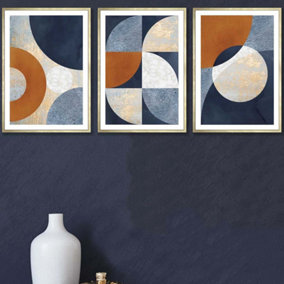 Set of 3 Geometric Abstract Textured Circles in Navy Blue Orange Gold Wall Art Prints / 42x59cm (A2) / Gold Frame