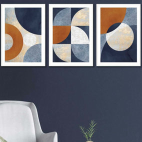 Set of 3 Geometric Abstract Textured Circles in Navy Blue Orange Gold Wall Art Prints / 42x59cm (A2) / White Frame