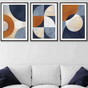 Set of 3 Geometric Abstract Textured Circles in Navy Blue Orange Gold Wall Art Prints / 50x70cm / Black Frame