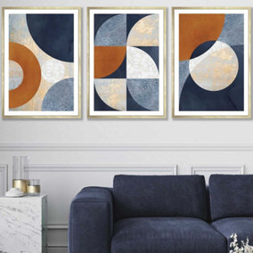 Set of 3 Geometric Abstract Textured Circles in Navy Blue Orange Gold Wall Art Prints / 50x70cm / Gold Frame