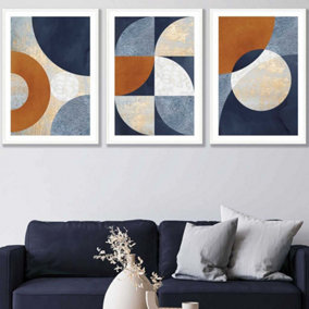 Set of 3 Geometric Abstract Textured Circles in Navy Blue Orange Gold Wall Art Prints / 50x70cm / White Frame