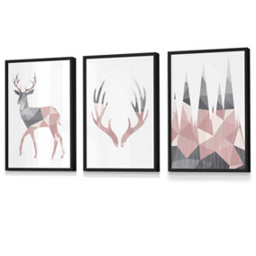 Set of 3 Geometric Blush Pink Grey Stags Set Wall Art Prints / 30x42cm (A3) / Black Frame