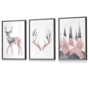 Set of 3 Geometric Blush Pink Grey Stags Set Wall Art Prints / 30x42cm (A3) / Dark Grey Frame