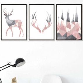 Set of 3 Geometric Blush Pink Grey Stags Set Wall Art Prints / 42x59cm (A2) / Black Frame