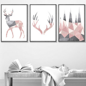 Set of 3 Geometric Blush Pink Grey Stags Set Wall Art Prints / 42x59cm (A2) / Dark Grey Frame