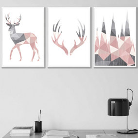 Set of 3 Geometric Blush Pink Grey Stags Set Wall Art Prints / 42x59cm (A2) / White Frame