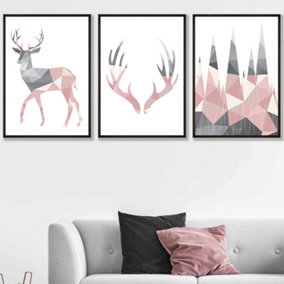 Set of 3 Geometric Blush Pink Grey Stags Set Wall Art Prints / 50x70cm / Black Frame