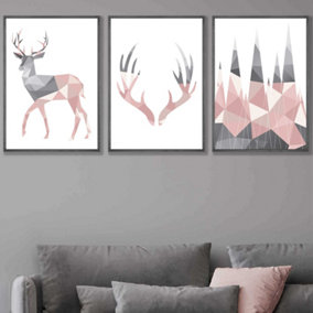 Set of 3 Geometric Blush Pink Grey Stags Set Wall Art Prints / 50x70cm / Dark Grey Frame