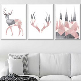 Set of 3 Geometric Blush Pink Grey Stags Set Wall Art Prints / 50x70cm / White Frame