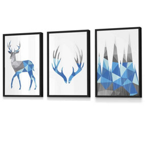 Set of 3 Geometric Bright Blue Grey Stags Set Wall Art Prints / 30x42cm (A3) / Black Frame
