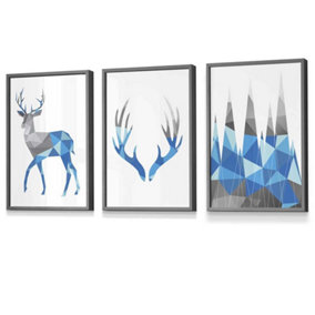 Set of 3 Geometric Bright Blue Grey Stags Set Wall Art Prints / 30x42cm (A3) / Dark Grey Frame