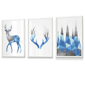 Set of 3 Geometric Bright Blue Grey Stags Set Wall Art Prints / 30x42cm (A3) / White Frame