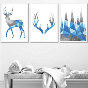 Set of 3 Geometric Bright Blue Grey Stags Set Wall Art Prints / 42x59cm (A2) / White Frame